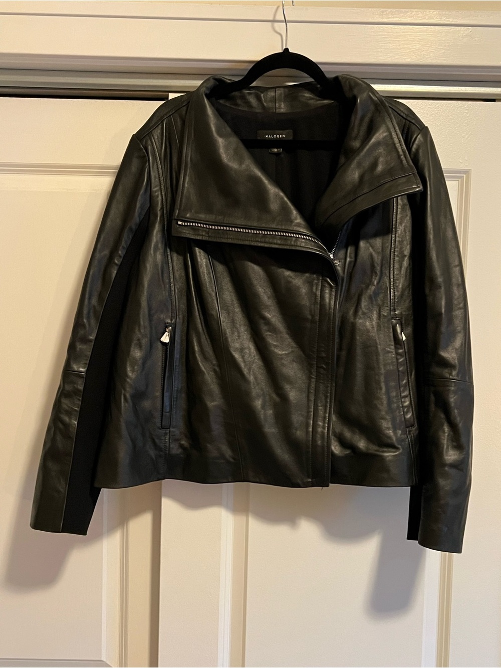 Halogen Women's Black Leather Moto Jacket with Zip Details and FREE SHIPPING